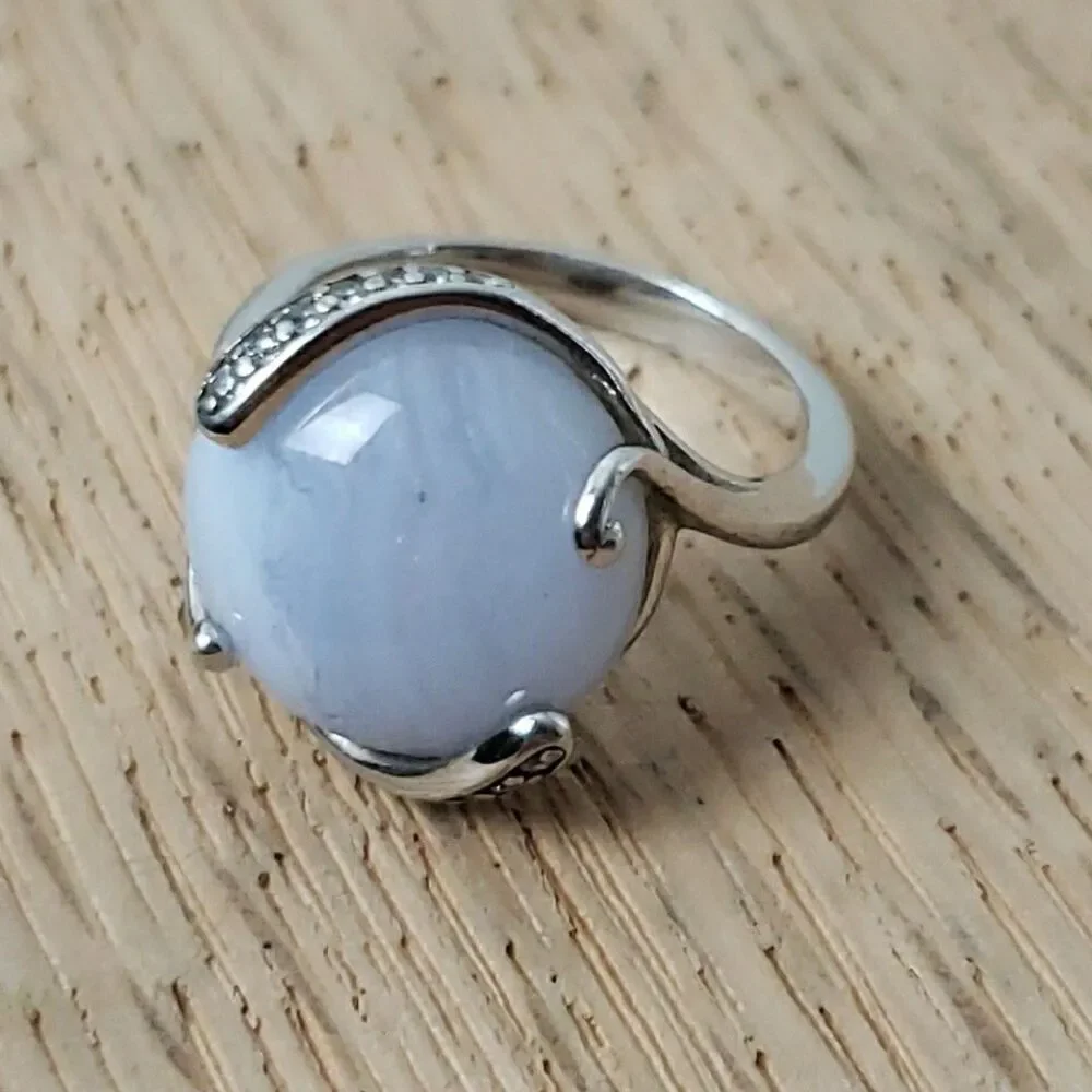 Blue Lace Agate Cabochon Ring CZ Accent 925 Silver Size 6